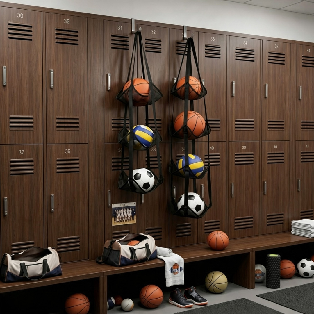 Sports Equipment Basketball - 頑丈なボール収納用吊り下げバッグ。穴あけ不要で、ドアや壁に取り付け可能。バスケットボールやサッカーボールなどのスポーツ用品や玩具の整理に最適。